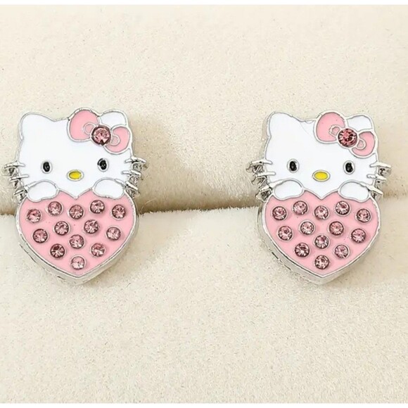 Hello kitty silver Earrings studs with pink gems - Picture 4 of 4